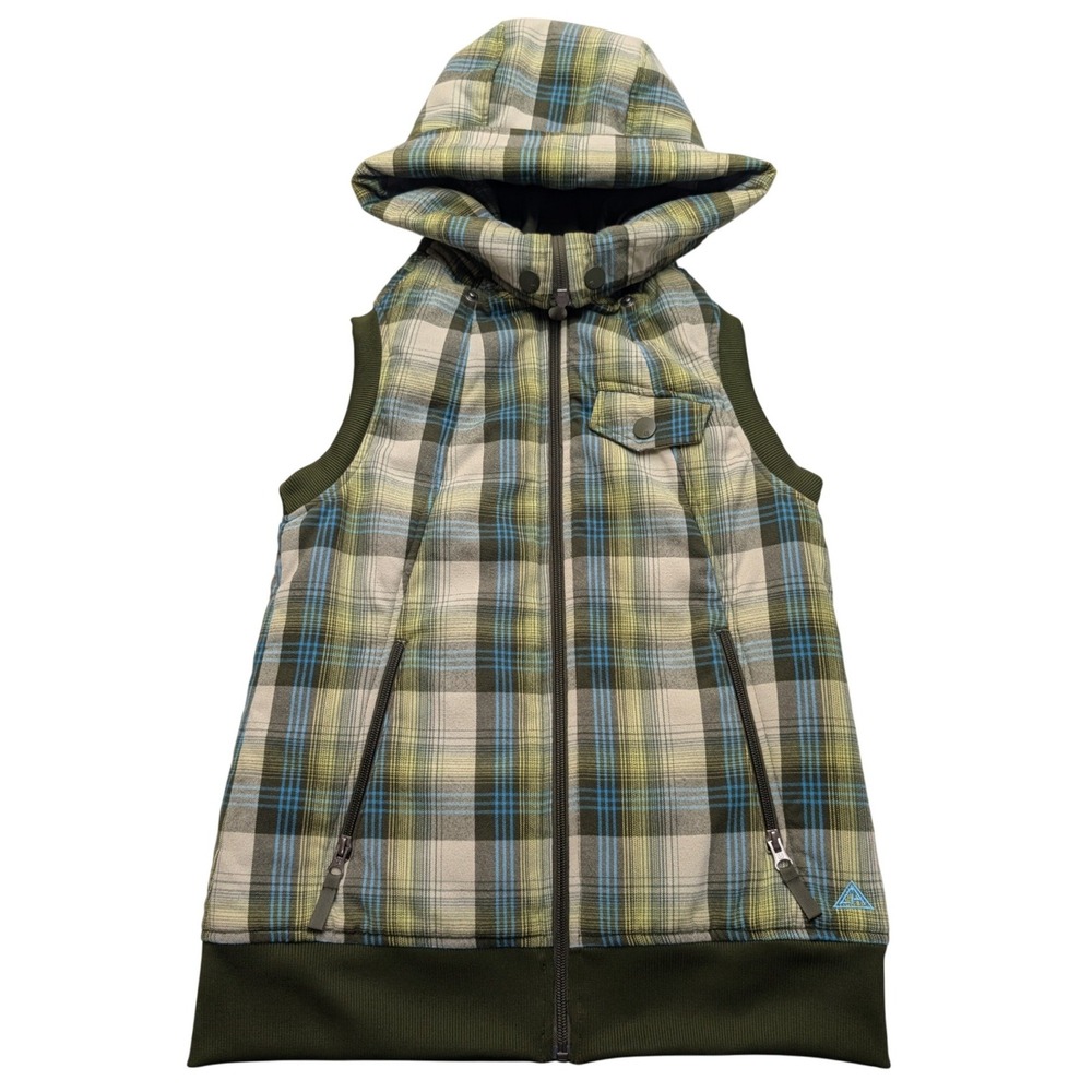 Burton‎ Dryride Puffer Vest Womens XS Green Plaid Hooded Insulated